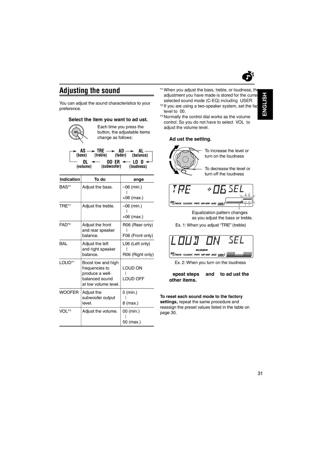 JVC GET0126-001A manual Adjusting the sound, Bal, Vol 