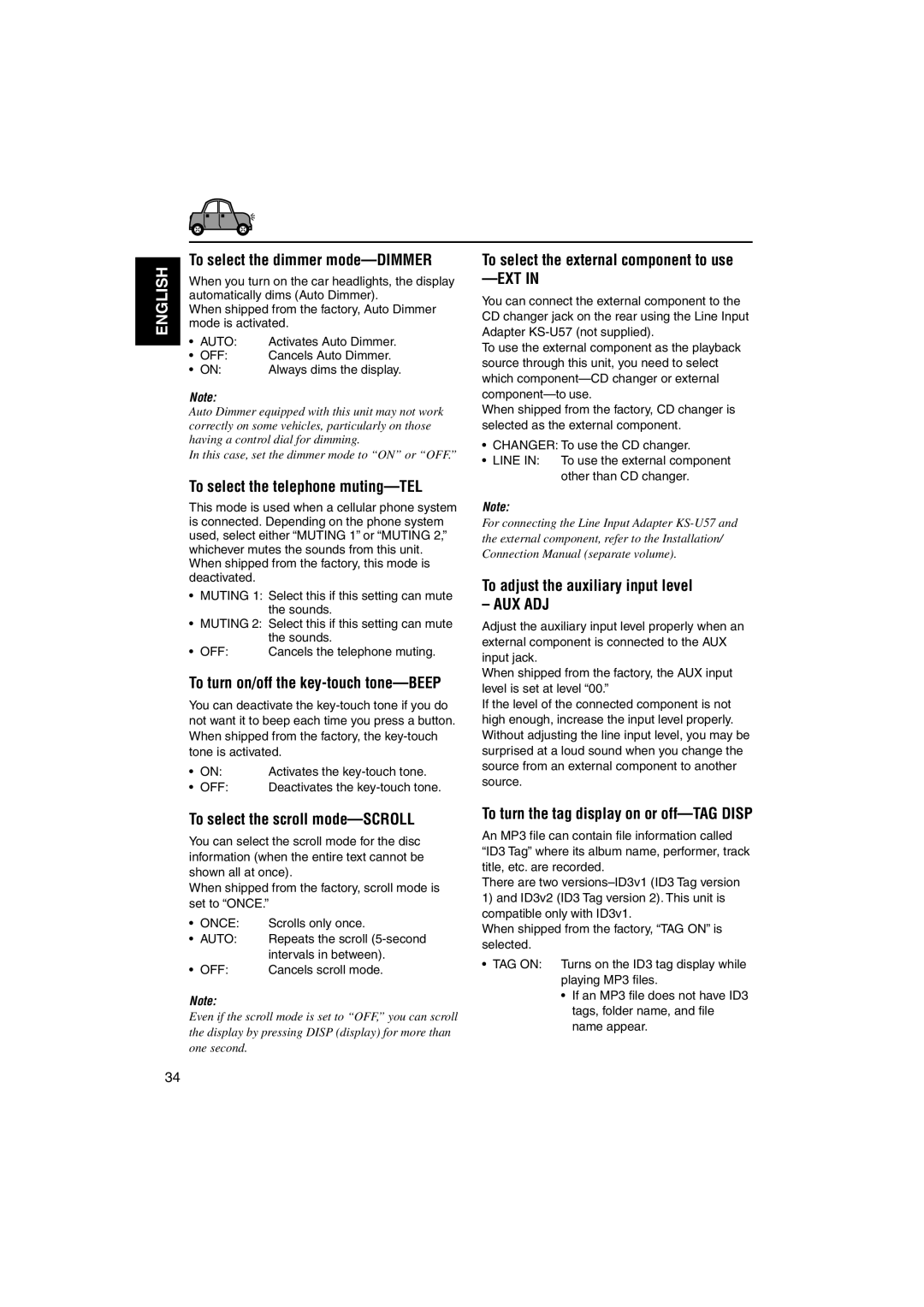 JVC GET0126-001A To select the dimmer mode-DIMMER, To select the telephone muting-TEL, To adjust the auxiliary input level 