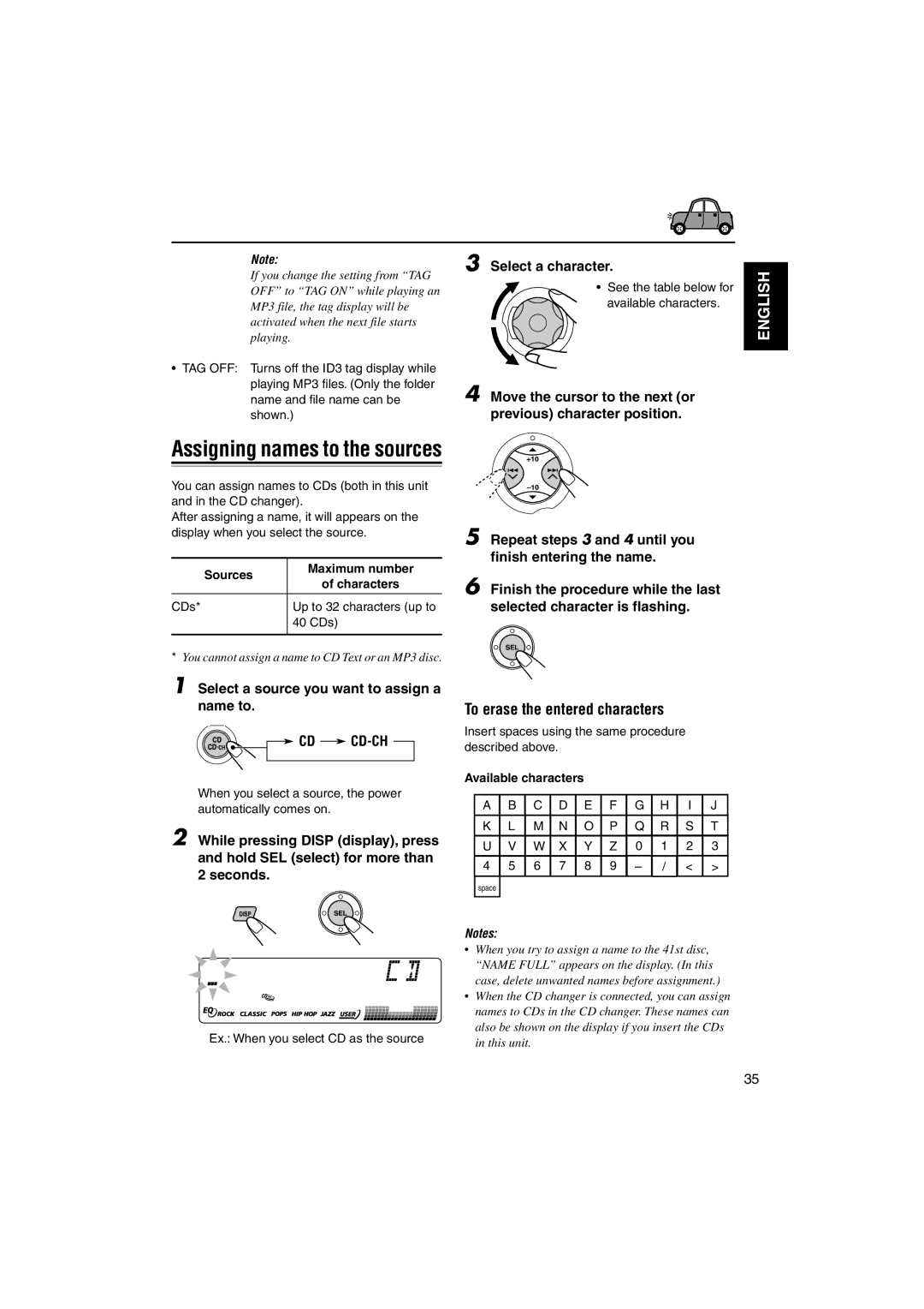 JVC GET0126-001A manual To erase the entered characters, Select a source you want to assign a name to CD CD-CH, Sources 