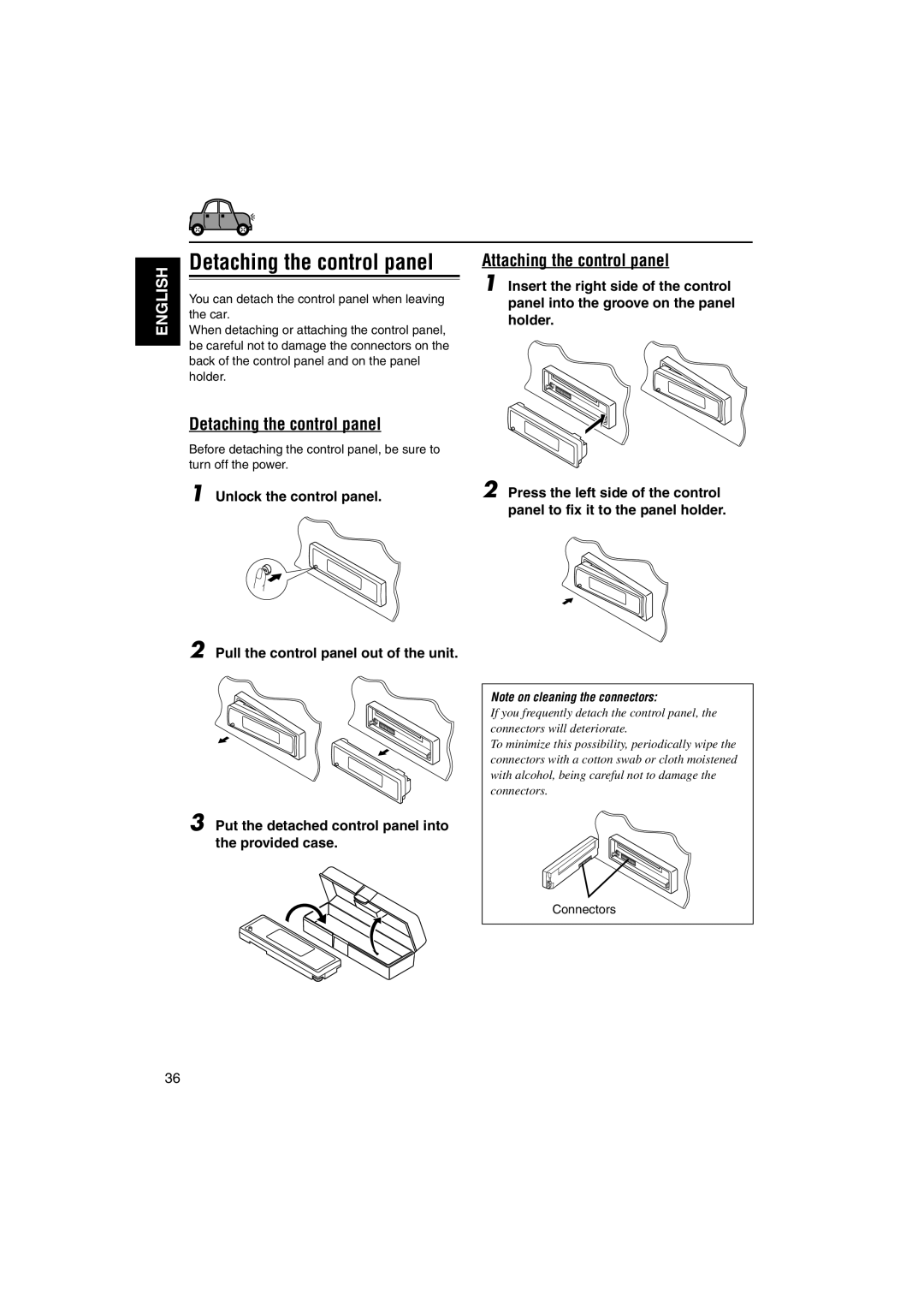 JVC GET0126-001A manual Detaching the control panel, Attaching the control panel, Connectors 