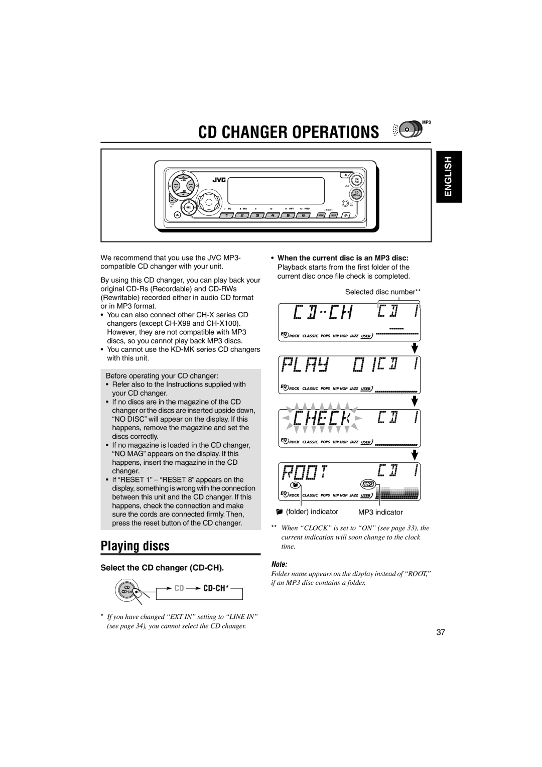 JVC GET0126-001A manual CD Changer Operations, Playing discs, Select the CD changer CD-CH CD CD-CH 