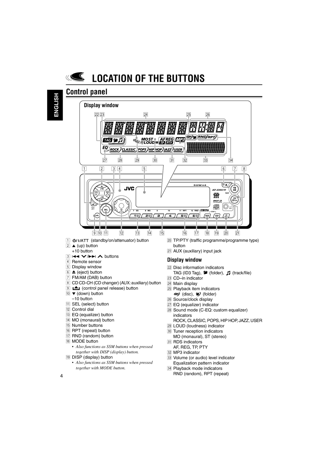 JVC GET0126-001A manual Location of the Buttons, Control panel, Display window, Disp display button 