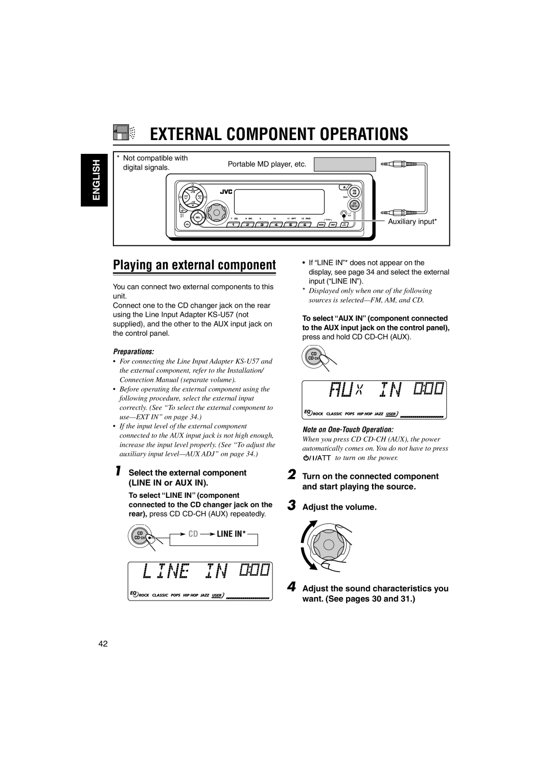 JVC GET0126-001A manual External Component Operations, Select the external component Line in or AUX, CD Line 