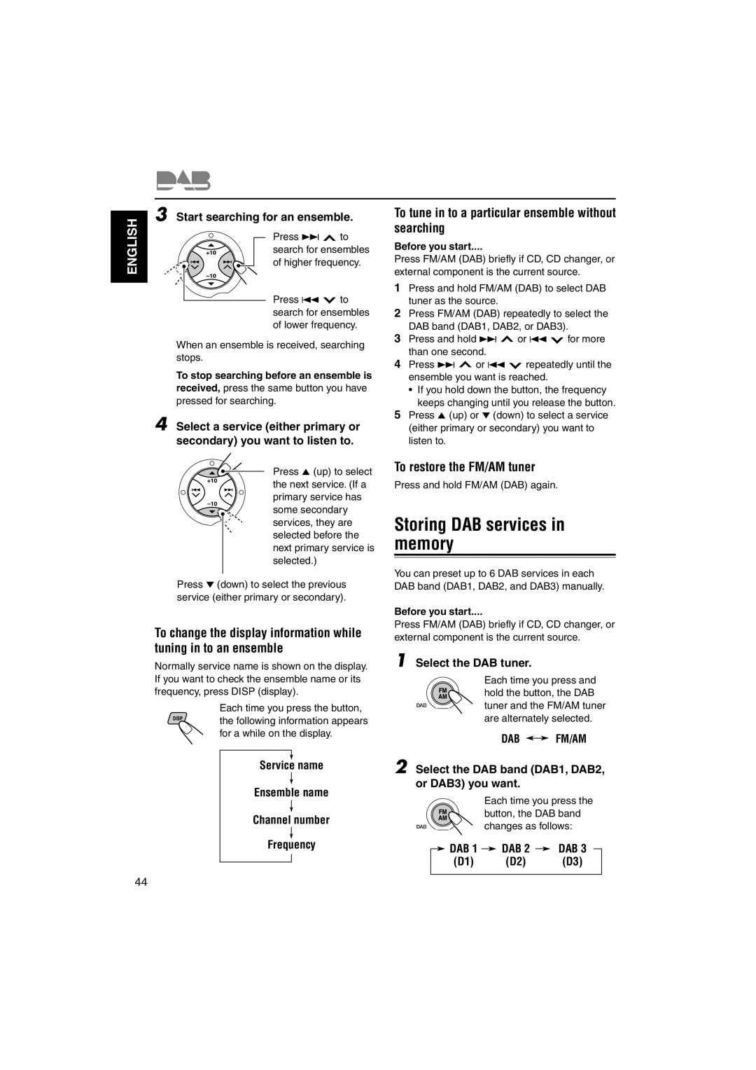 JVC GET0126-001A manual Storing DAB services in memory, To tune in to a particular ensemble without searching 