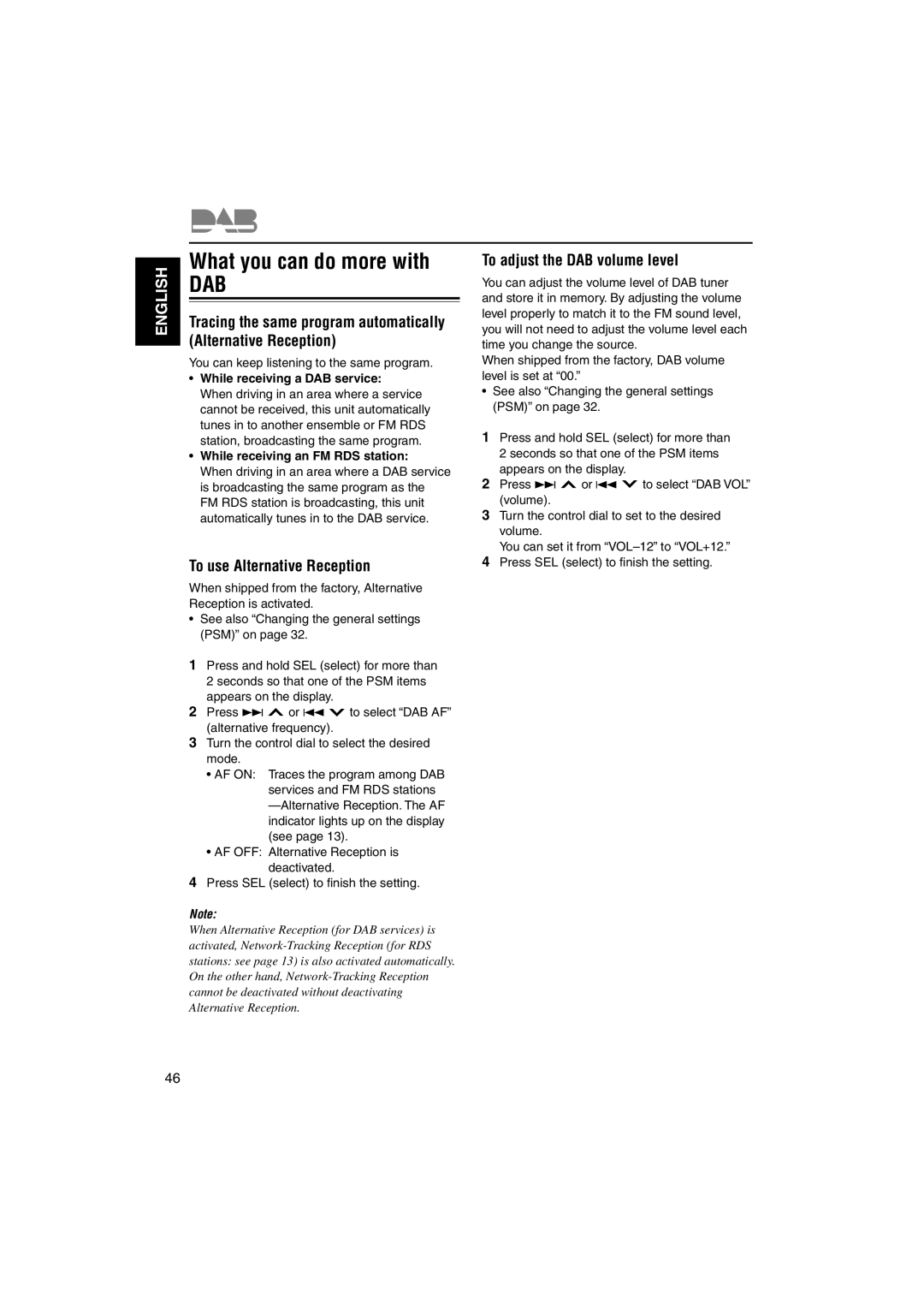 JVC GET0126-001A manual What you can do more with, To use Alternative Reception, To adjust the DAB volume level 