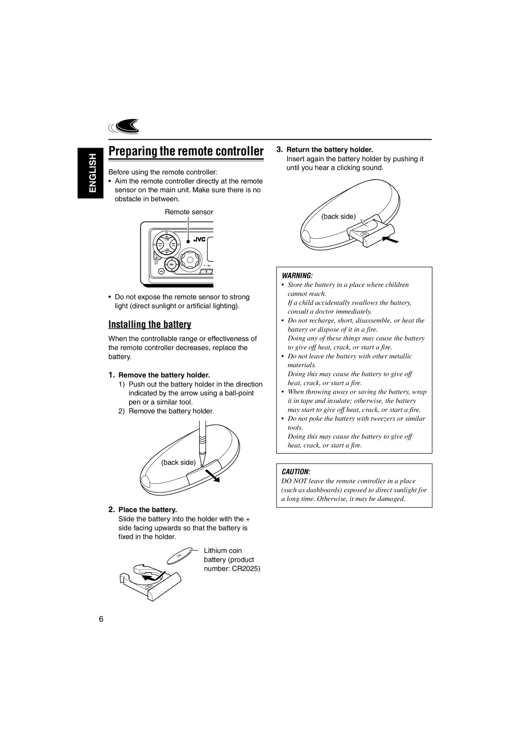 JVC GET0126-001A manual Installing the battery, Remove the battery holder, Place the battery, Return the battery holder 