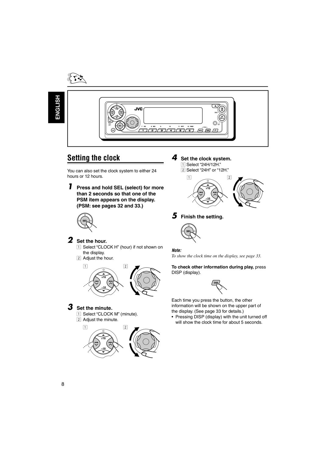 JVC GET0126-001A manual Setting the clock, Set the minute, Set the clock system, Finish the setting 