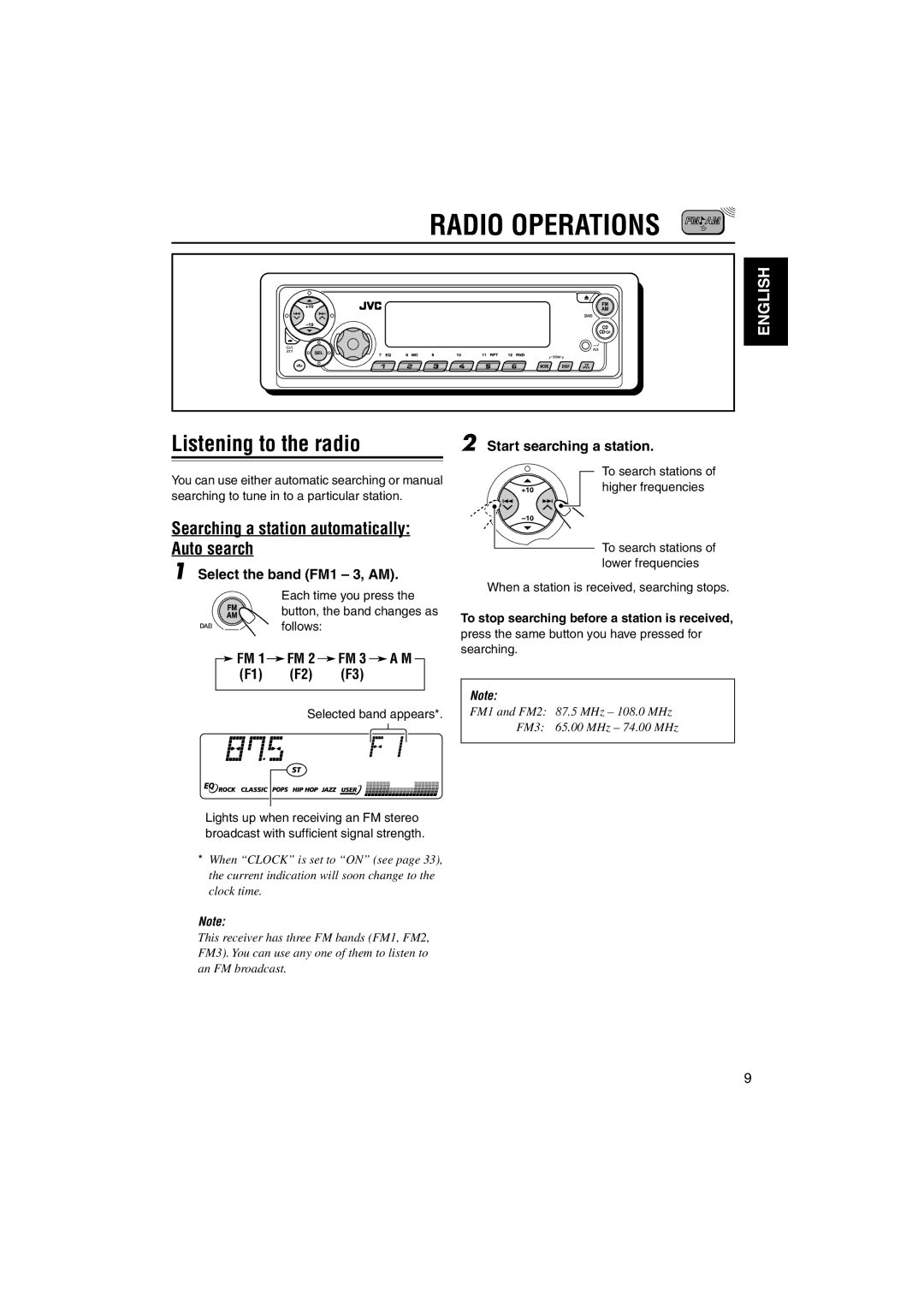 JVC GET0126-001A manual Radio Operations, Listening to the radio, Searching a station automatically Auto search 