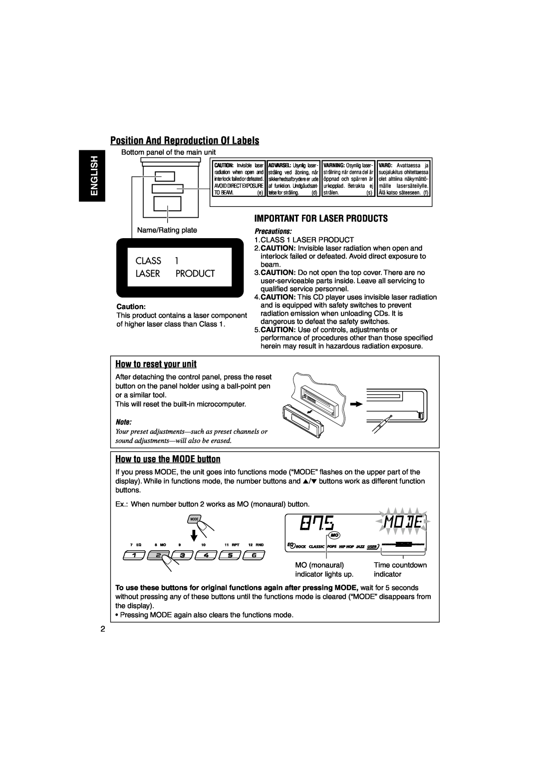 JVC GET0126-001A manual Position And Reproduction Of Labels, English, Important For Laser Products, How to reset your unit 
