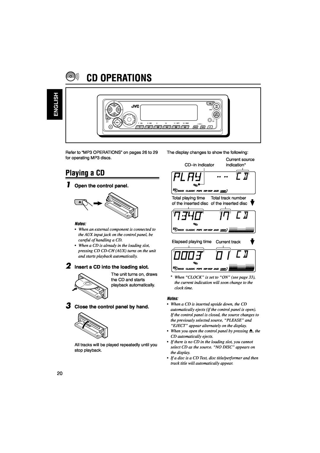 JVC GET0126-001A manual Cd Operations, Playing a CD, Open the control panel, Insert a CD into the loading slot, English 