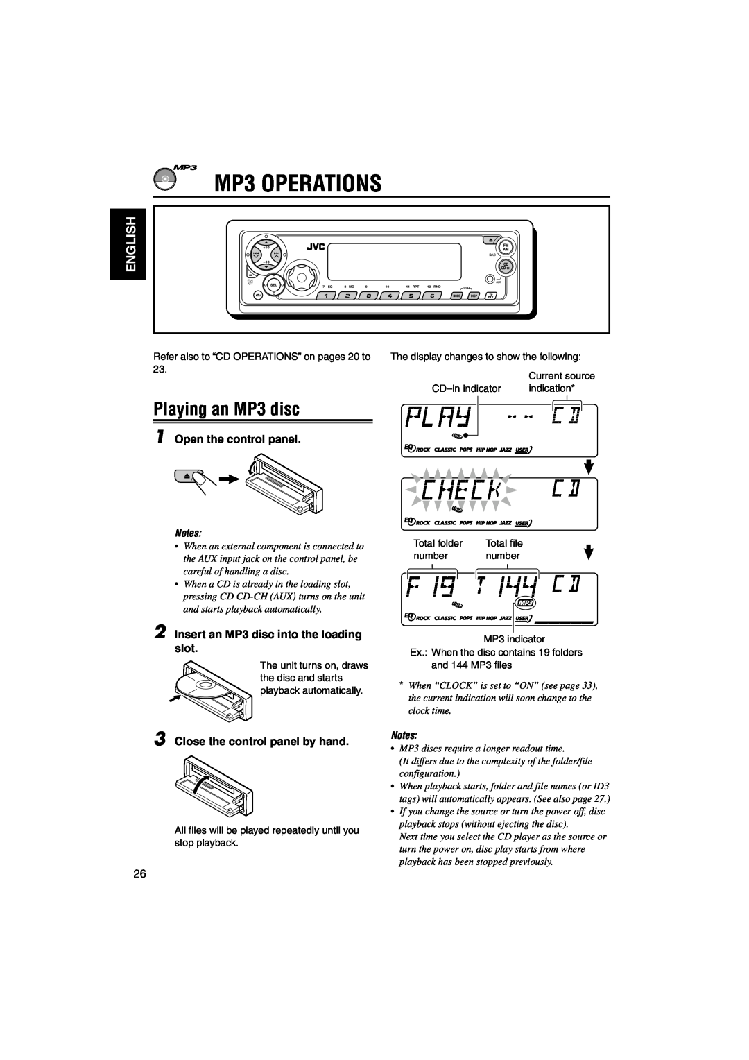 JVC GET0126-001A manual MP3 OPERATIONS, Playing an MP3 disc, Insert an MP3 disc into the loading slot, English 