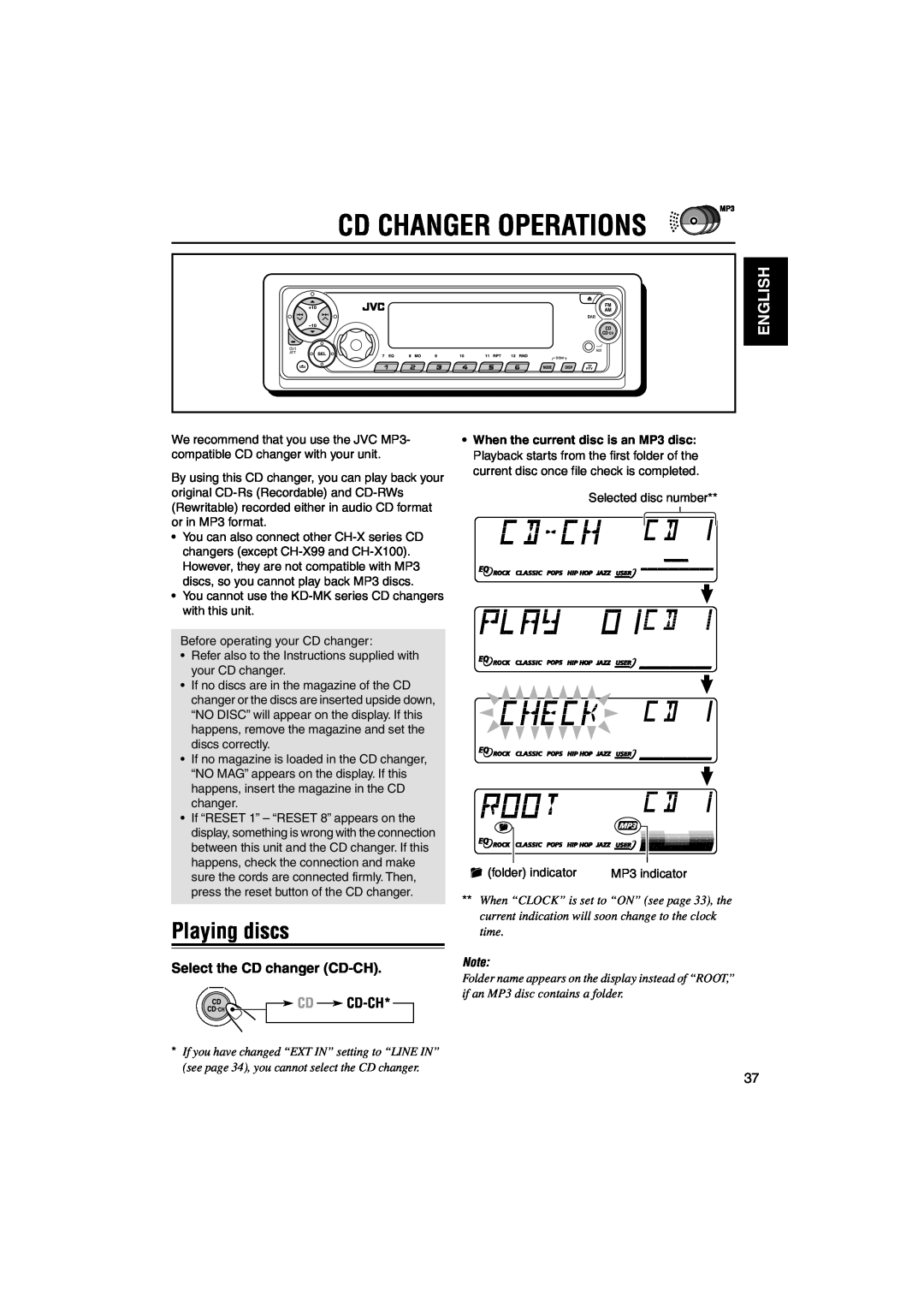JVC GET0126-001A manual Cd Changer Operations, Playing discs, Select the CD changer CD-CH CD CD-CH, English 