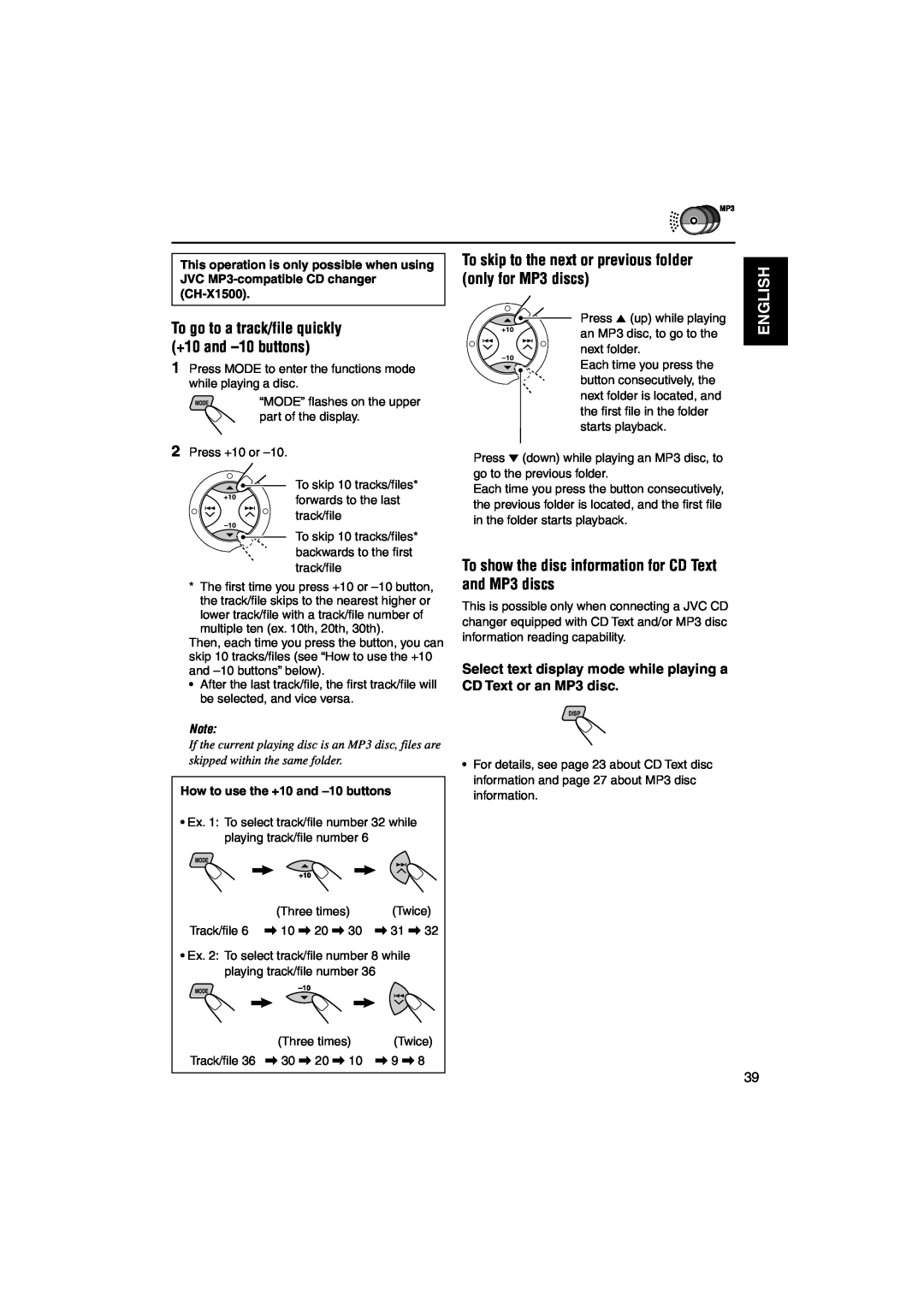 JVC GET0126-001A manual only for MP3 discs, To show the disc information for CD Text and MP3 discs, English 