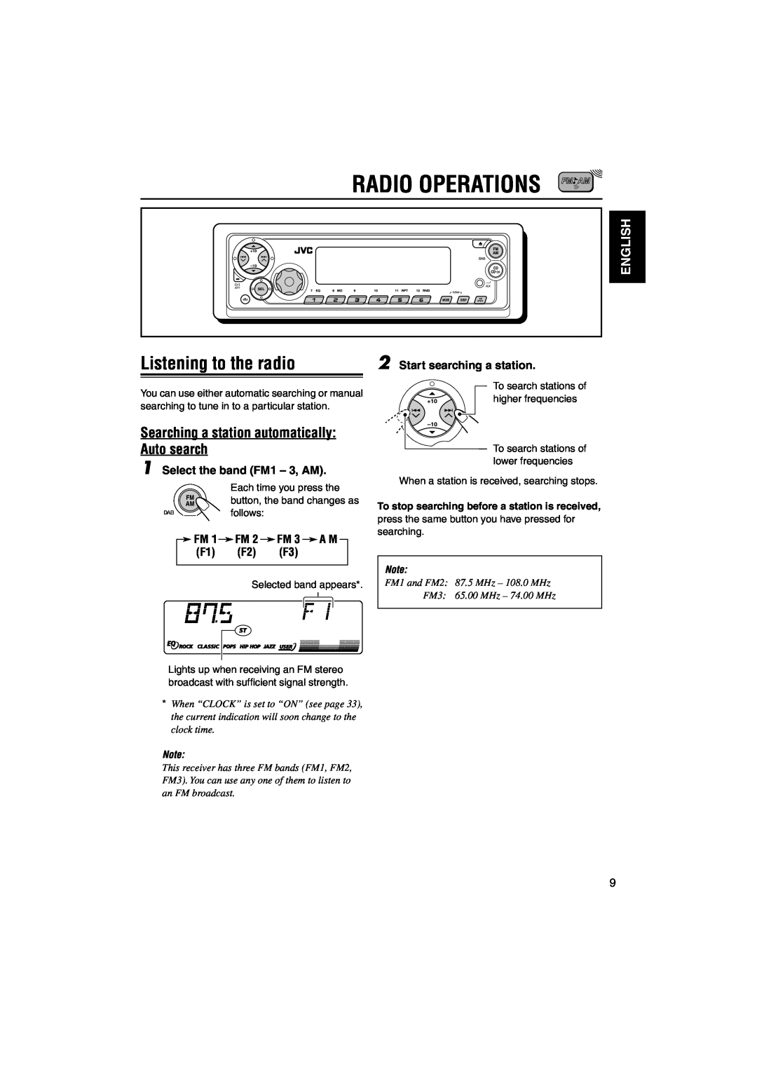 JVC GET0126-001A manual Radio Operations, Listening to the radio, Searching a station automatically Auto search, English 