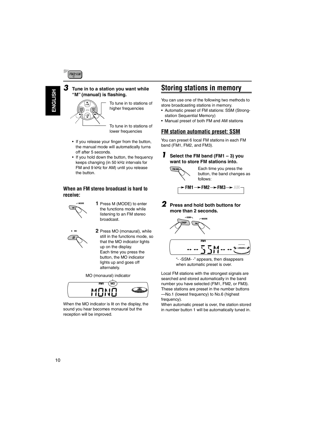 JVC GET0133-001B, KD-SX696 manual Storing stations in memory, FM station automatic preset SSM 