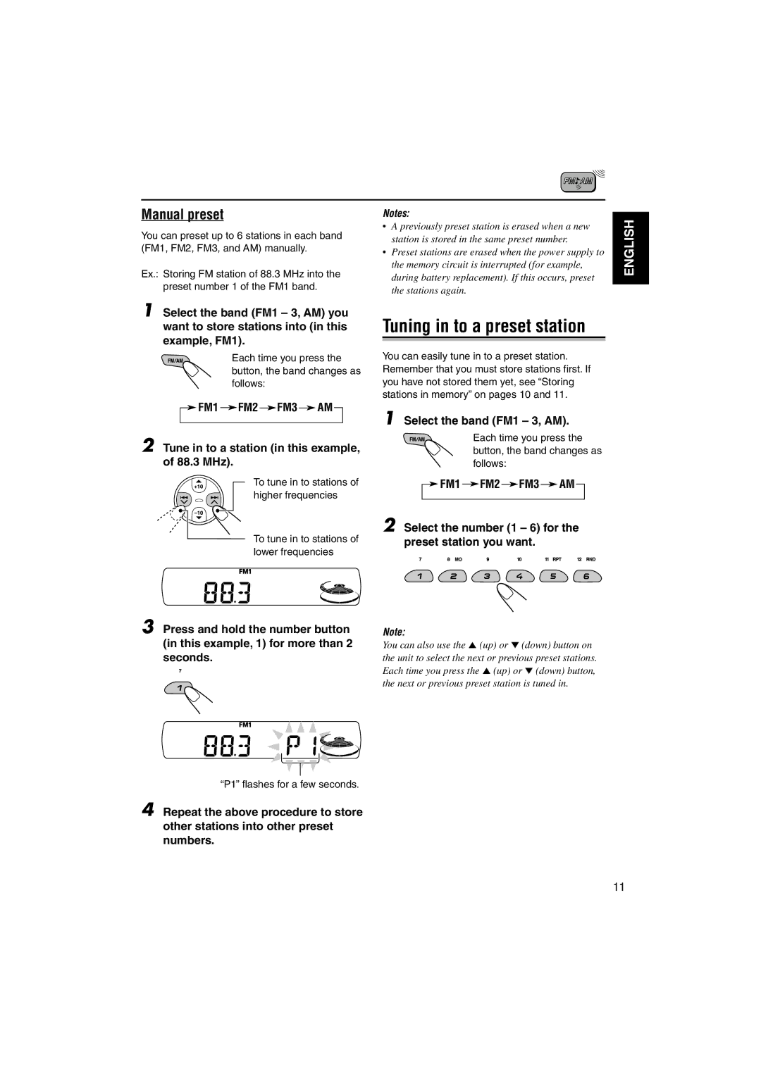 JVC KD-SX696, GET0133-001B manual Manual preset, P1 flashes for a few seconds 