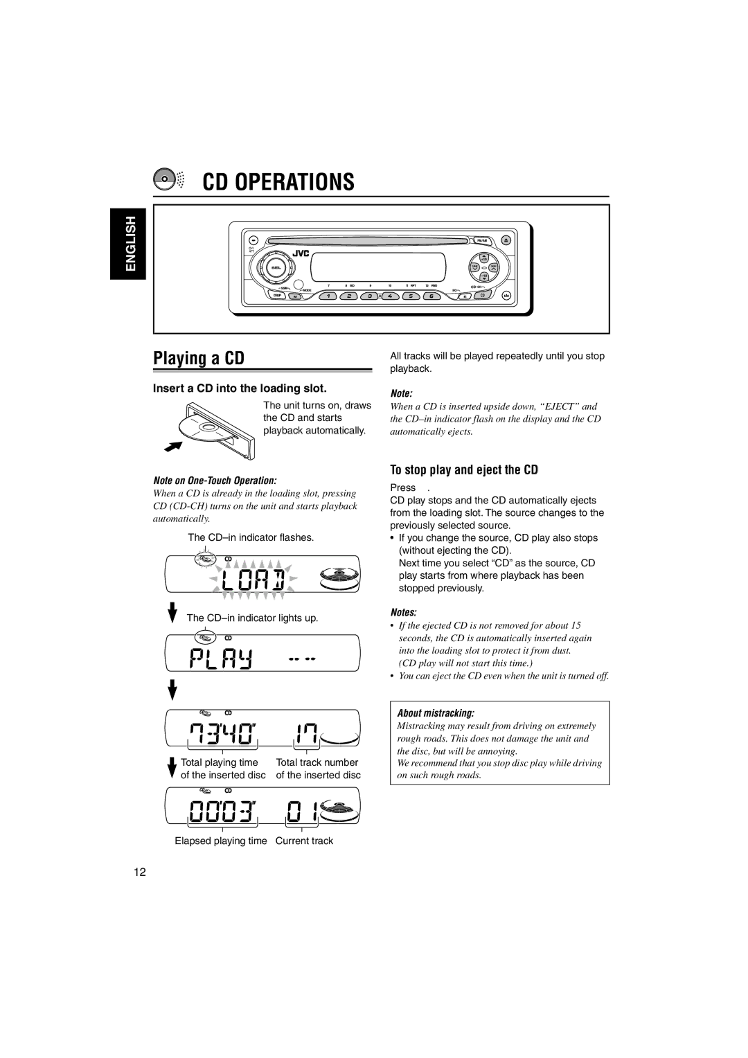 JVC GET0133-001B, KD-SX696 CD Operations, Playing a CD, To stop play and eject the CD, Insert a CD into the loading slot 