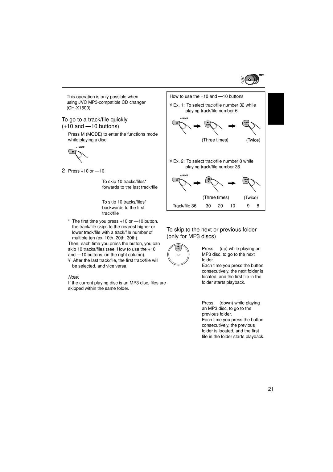 JVC KD-SX696 To skip to the next or previous folder only for MP3 discs, To go to a track/file quickly +10 and -10 buttons 