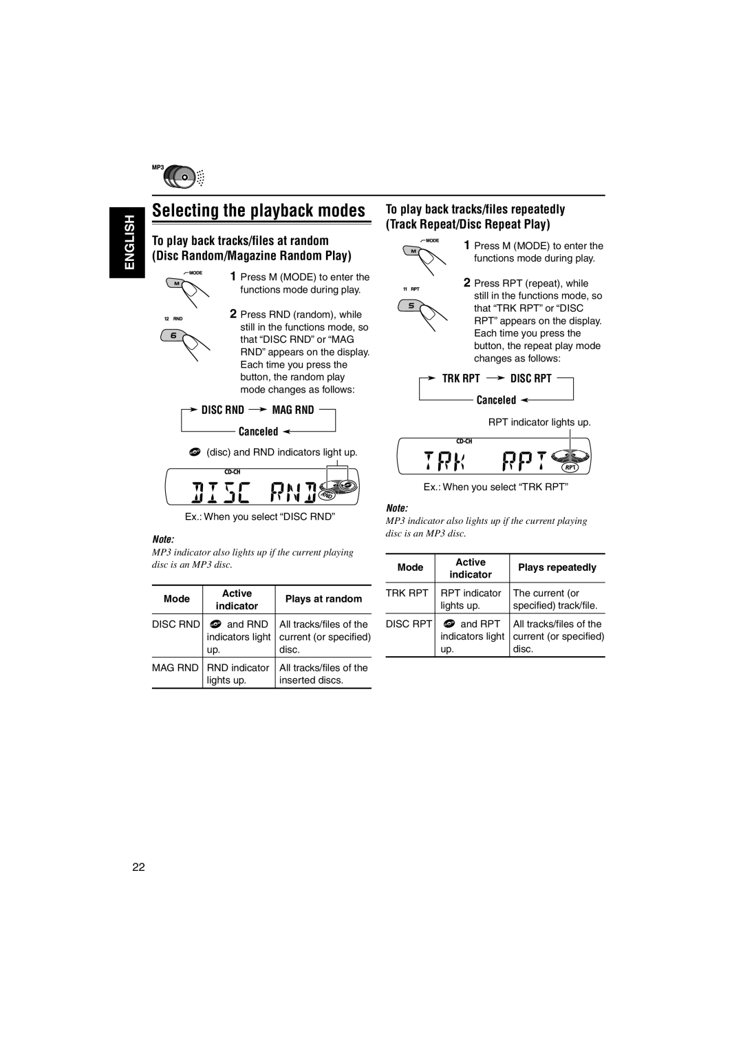 JVC GET0133-001B, KD-SX696 manual Disc RND MAG RND, Canceled, TRK RPT Disc RPT, Mode Active Plays at random Indicator 
