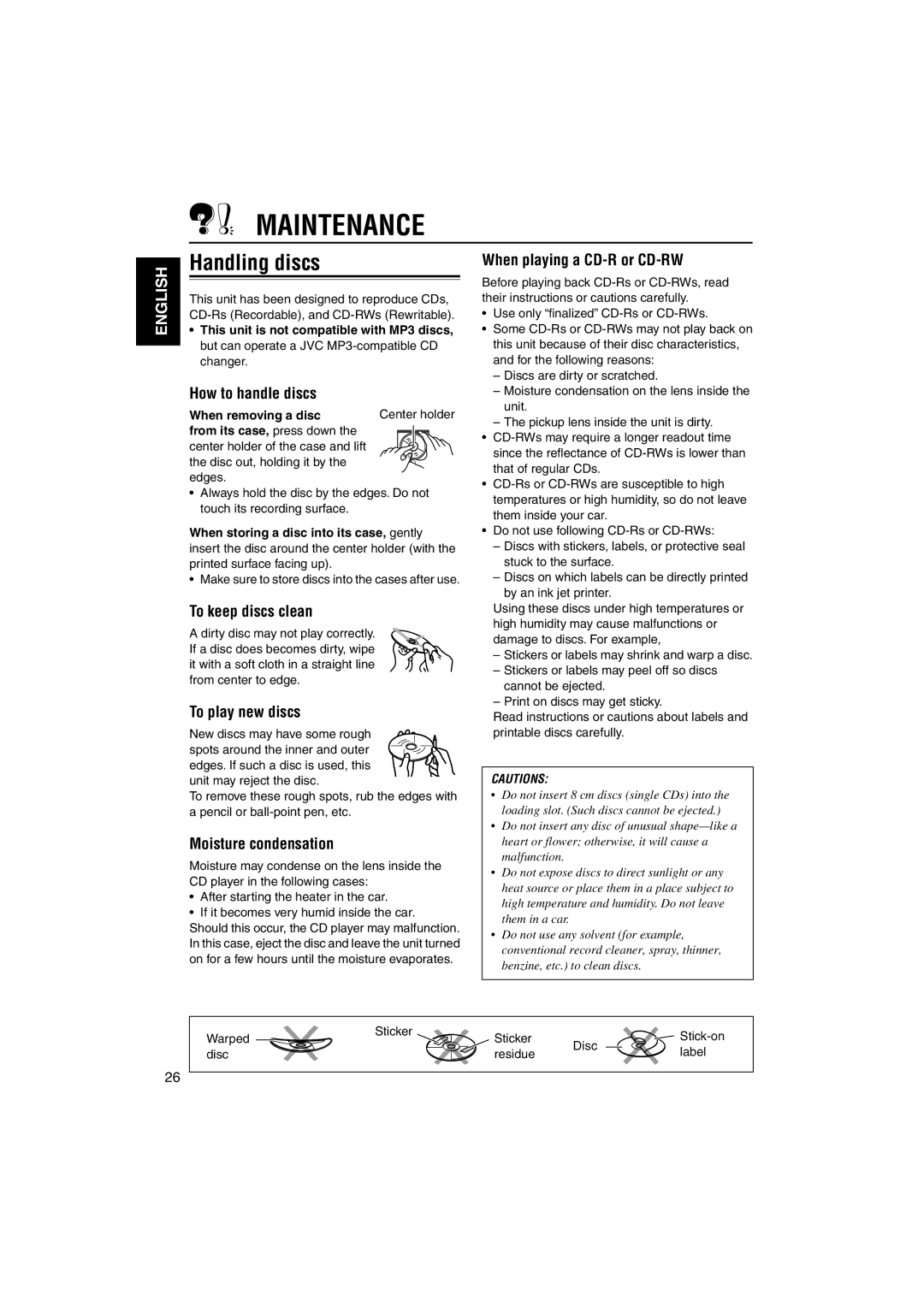 JVC GET0133-001B, KD-SX696 manual Maintenance, Handling discs 