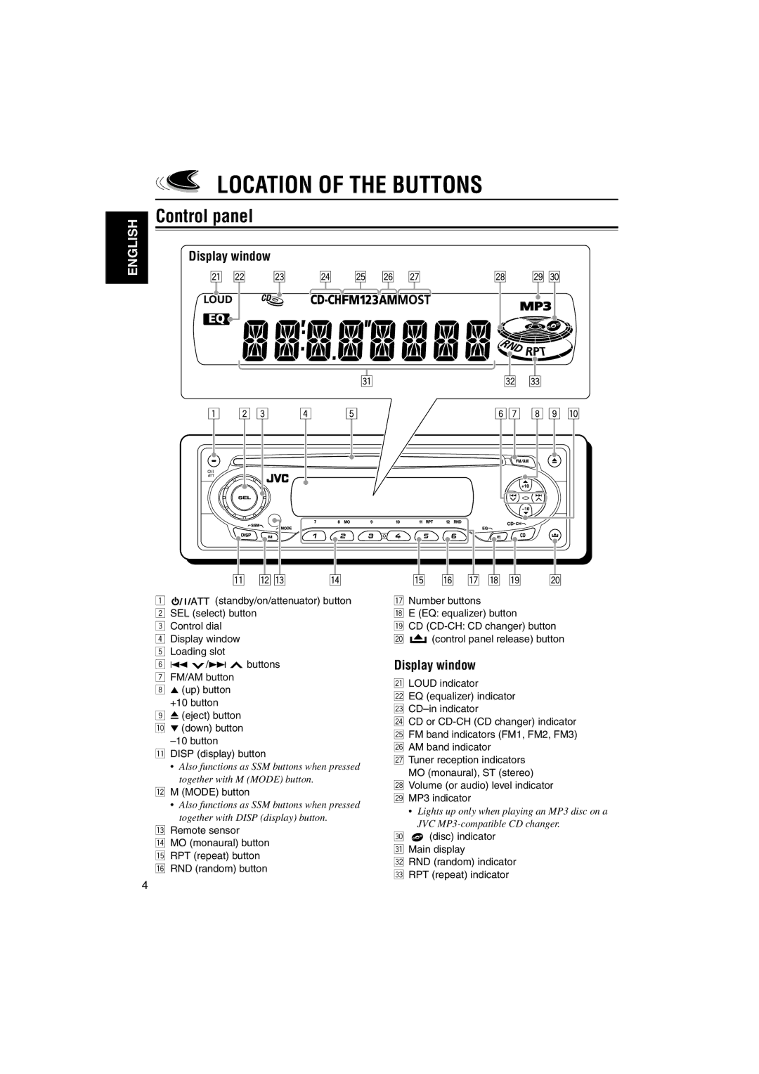 JVC GET0133-001B, KD-SX696 manual Location of the Buttons, Control panel, Display window, Mode button 