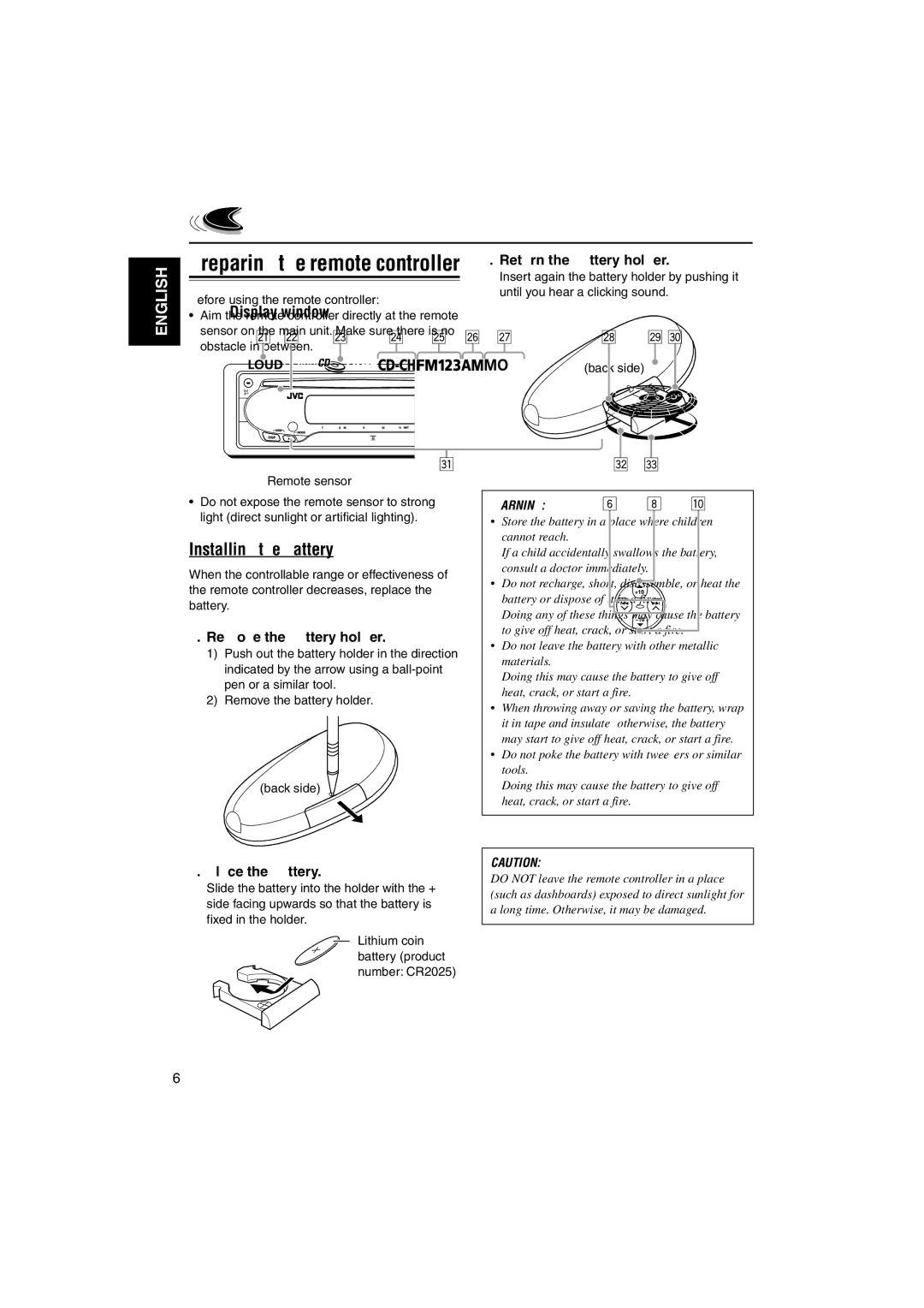 JVC GET0133-001B, KD-SX696 Installing the battery, Remove the battery holder, Place the battery, Return the battery holder 