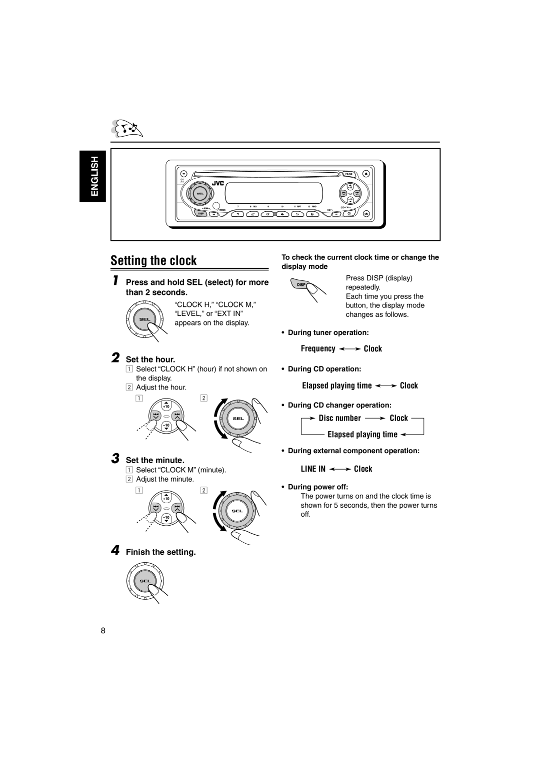 JVC GET0133-001B, KD-SX696 manual Setting the clock 