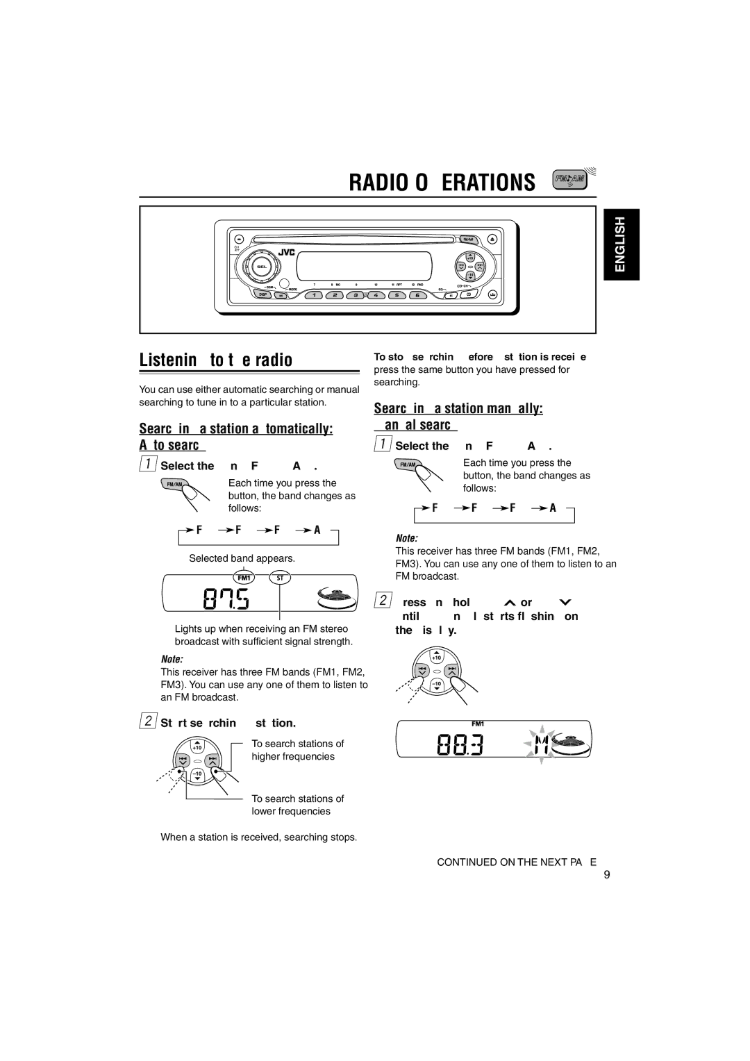 JVC KD-SX696, GET0133-001B manual Radio Operations, Listening to the radio, Searching a station automatically Auto search 