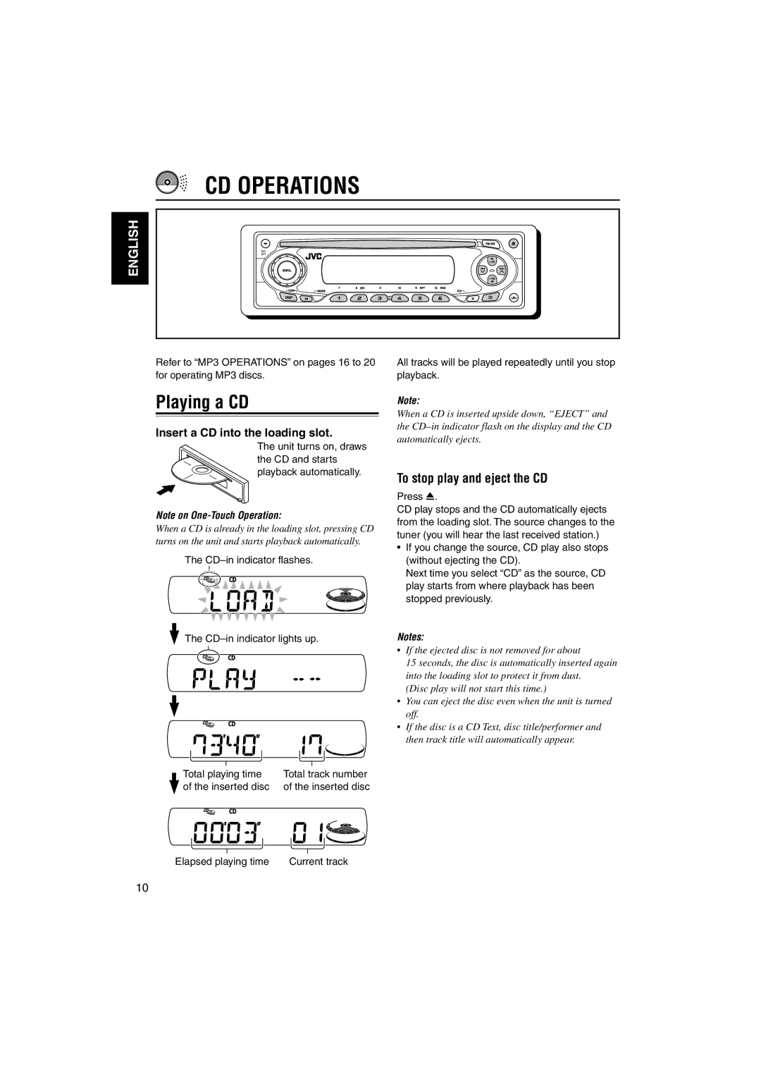 JVC GET0137-001A manual CD Operations, Playing a CD, To stop play and eject the CD, Insert a CD into the loading slot 