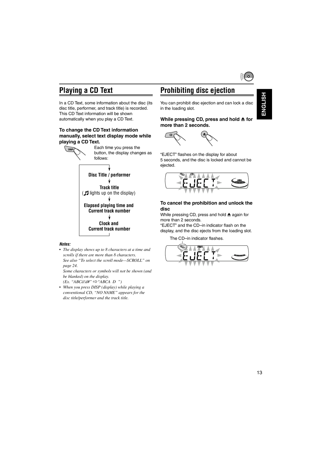 JVC GET0137-001A manual Playing a CD Text Prohibiting disc ejection, Disc Title / performer Track title 