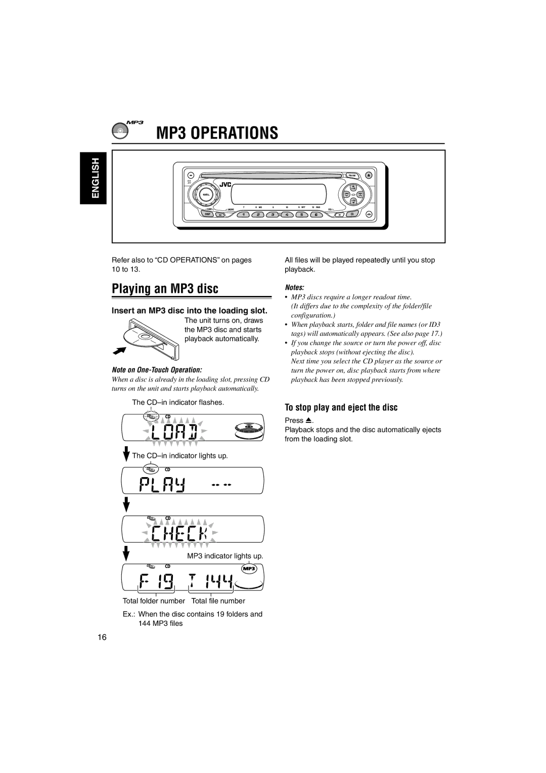 JVC GET0137-001A manual MP3 Operations, Playing an MP3 disc, To stop play and eject the disc 