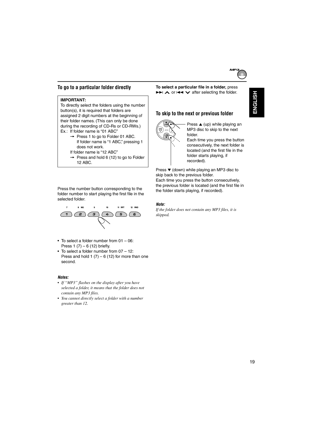 JVC GET0137-001A manual To go to a particular folder directly, To skip to the next or previous folder 