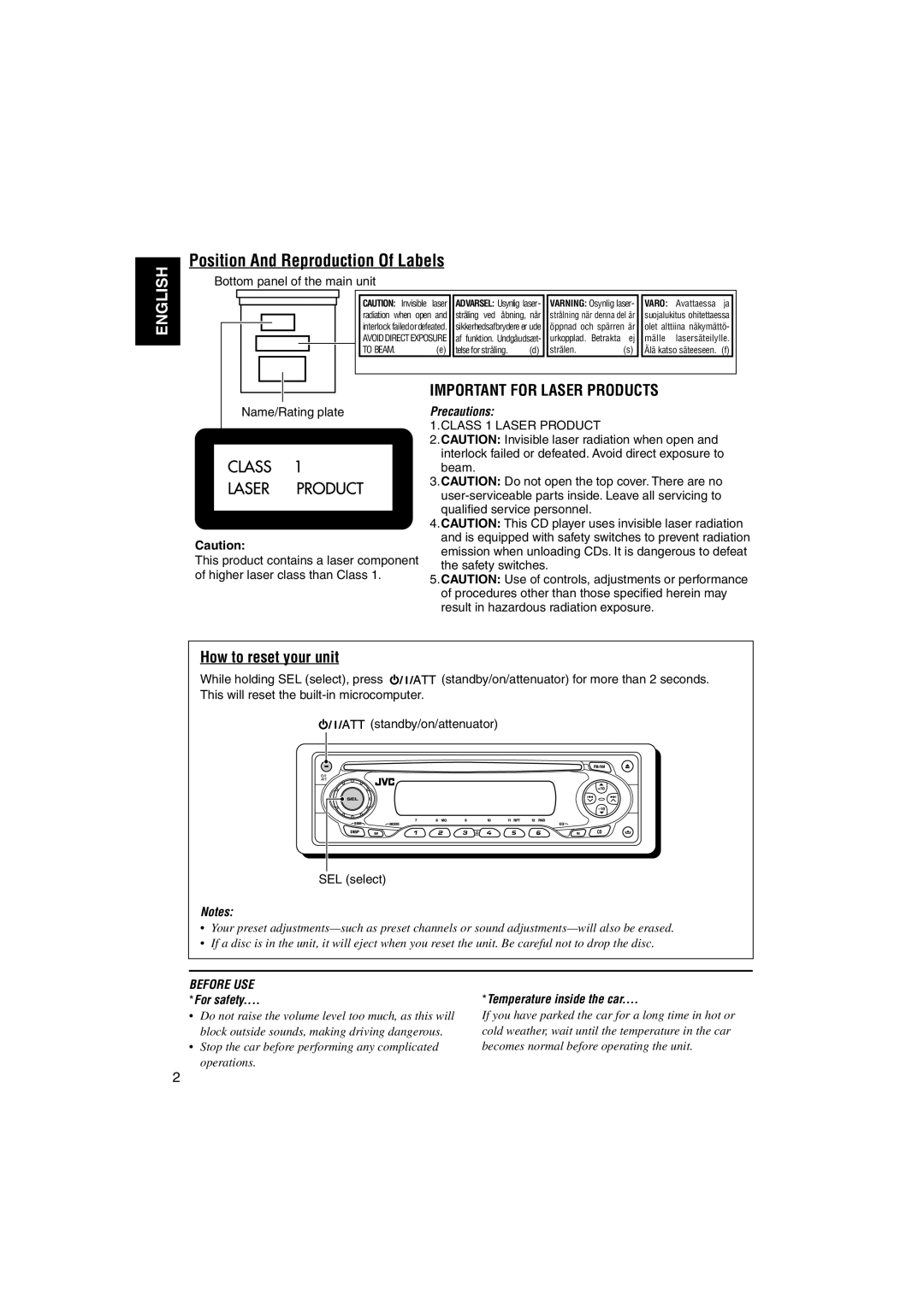 JVC GET0137-001A manual Position And Reproduction Of Labels, How to reset your unit, Bottom panel of the main unit 