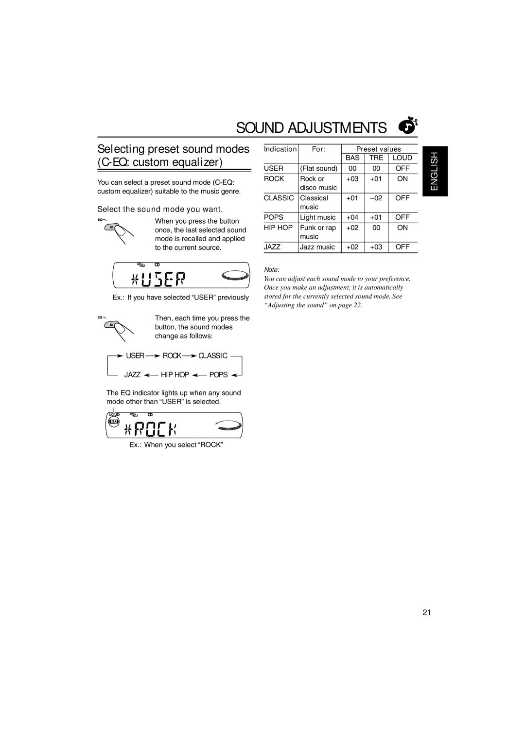 JVC GET0137-001A Sound Adjustments, Selecting preset sound modes C-EQ custom equalizer, Select the sound mode you want 