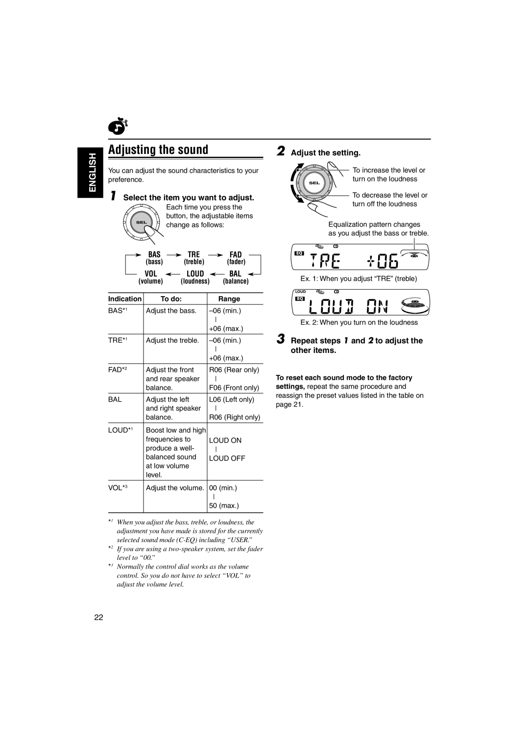 JVC GET0137-001A manual Adjusting the sound, Adjust the setting, Select the item you want to adjust 