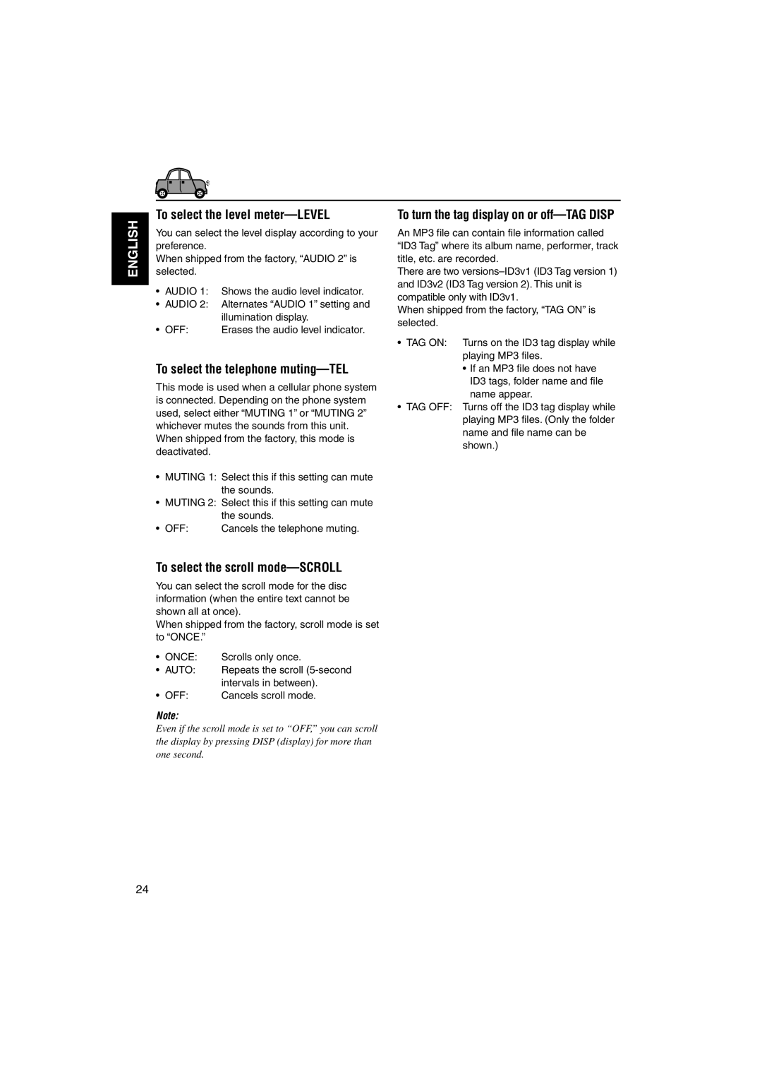 JVC GET0137-001A To select the level meter-LEVEL, To select the telephone muting-TEL, To select the scroll mode-SCROLL 