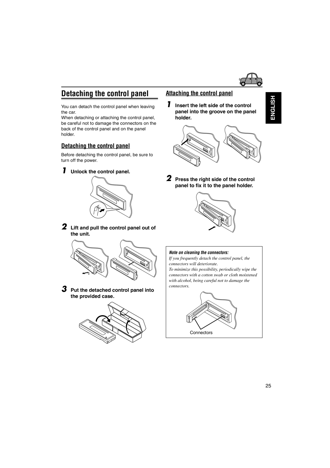 JVC GET0137-001A manual Detaching the control panel, Attaching the control panel, Connectors 