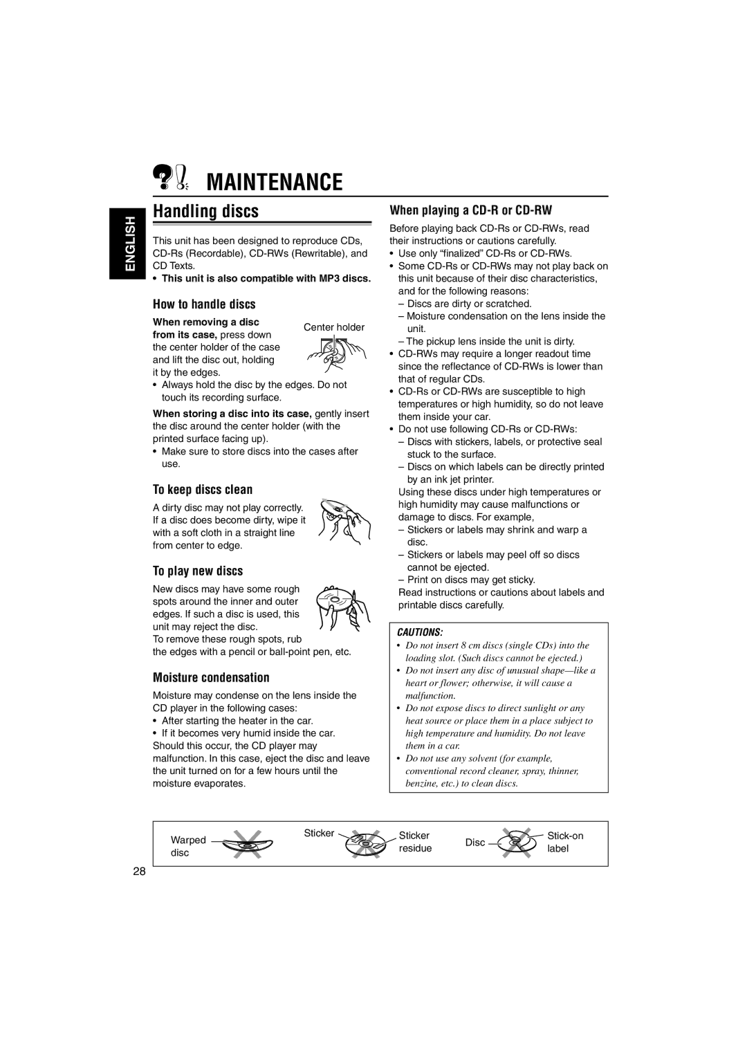 JVC GET0137-001A manual Maintenance, Handling discs 