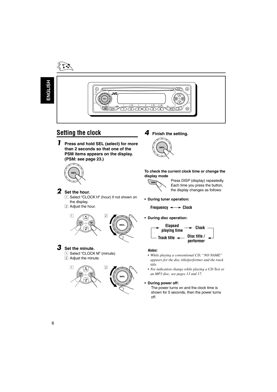 JVC GET0137-001A manual Setting the clock, Finish the setting, Set the minute, Frequency Clock, Elapsed Clock playing time 