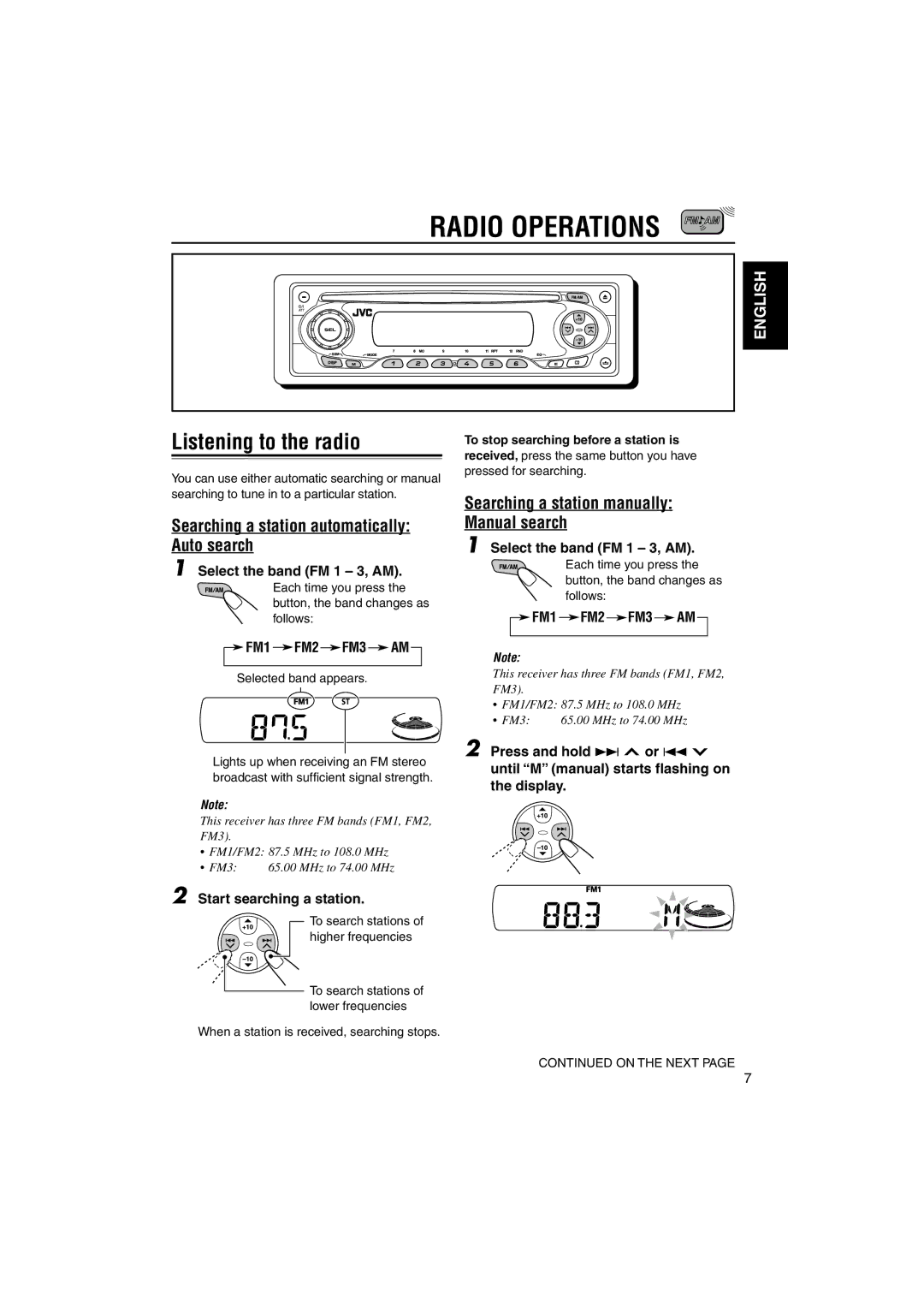 JVC GET0137-001A manual Radio Operations, Listening to the radio, Searching a station automatically Auto search 