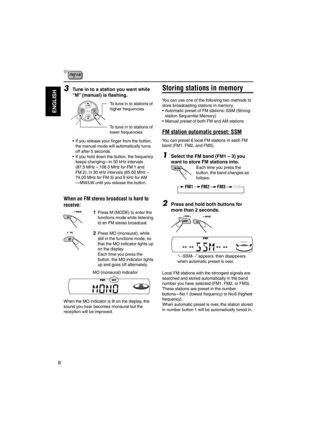 JVC GET0137-001A manual Storing stations in memory, FM station automatic preset SSM 