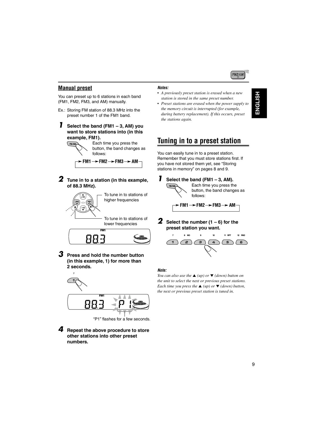 JVC GET0137-001A manual Manual preset, Tune in to a station in this example, of 88.3 MHz, P1 flashes for a few seconds 