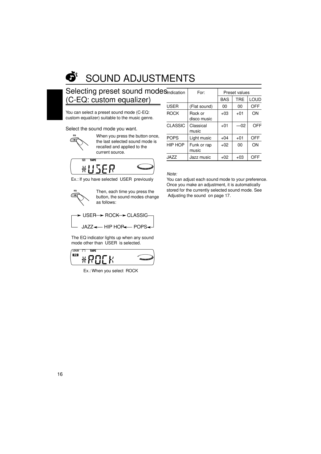 JVC GET0139-001A Sound Adjustments, Select the sound mode you want, User Rock Classic Jazz HIP HOP Pops, For Preset values 