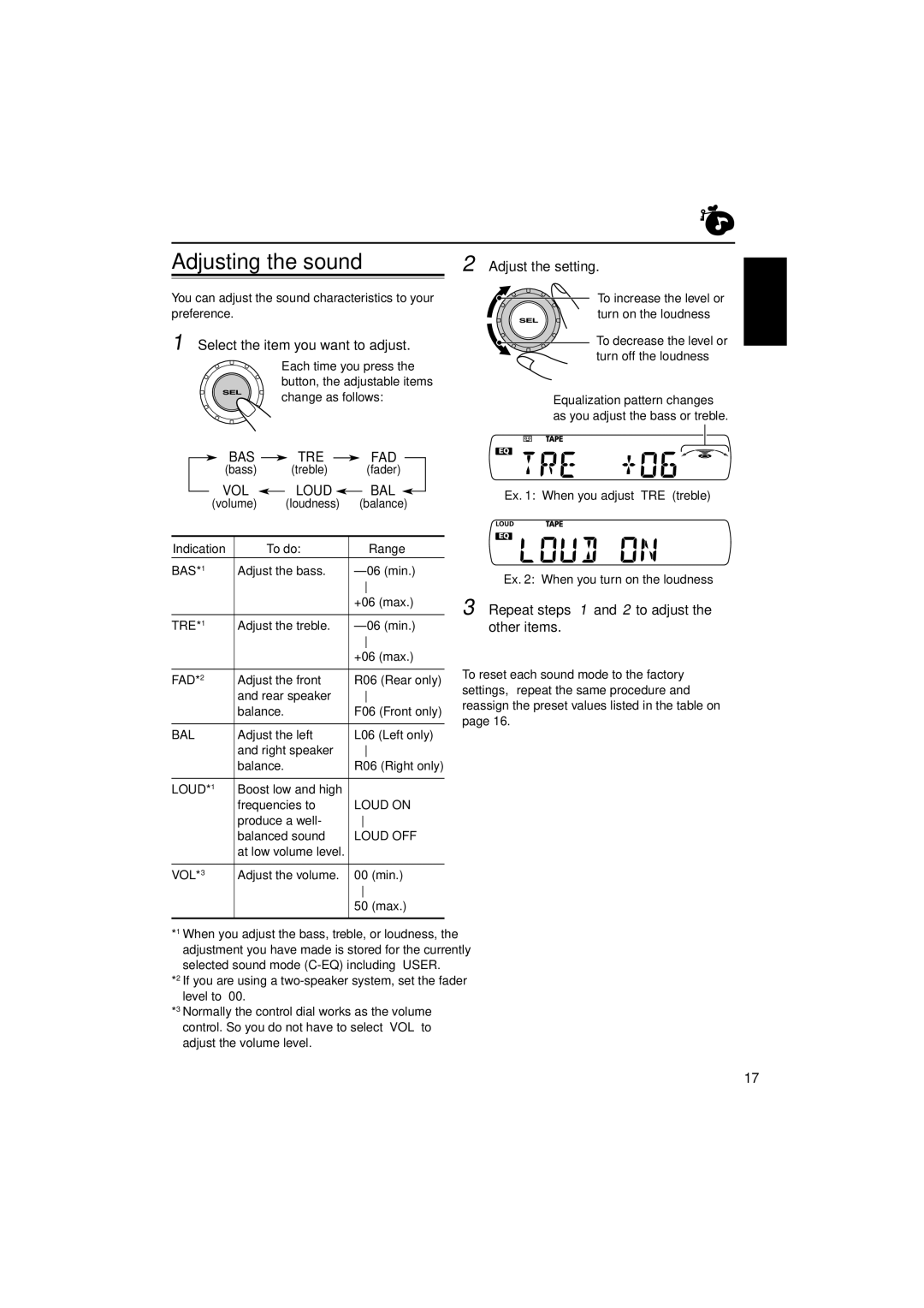 JVC KS-FX771, GET0139-001A manual Adjusting the sound, Bas Tre, VOL Loud 