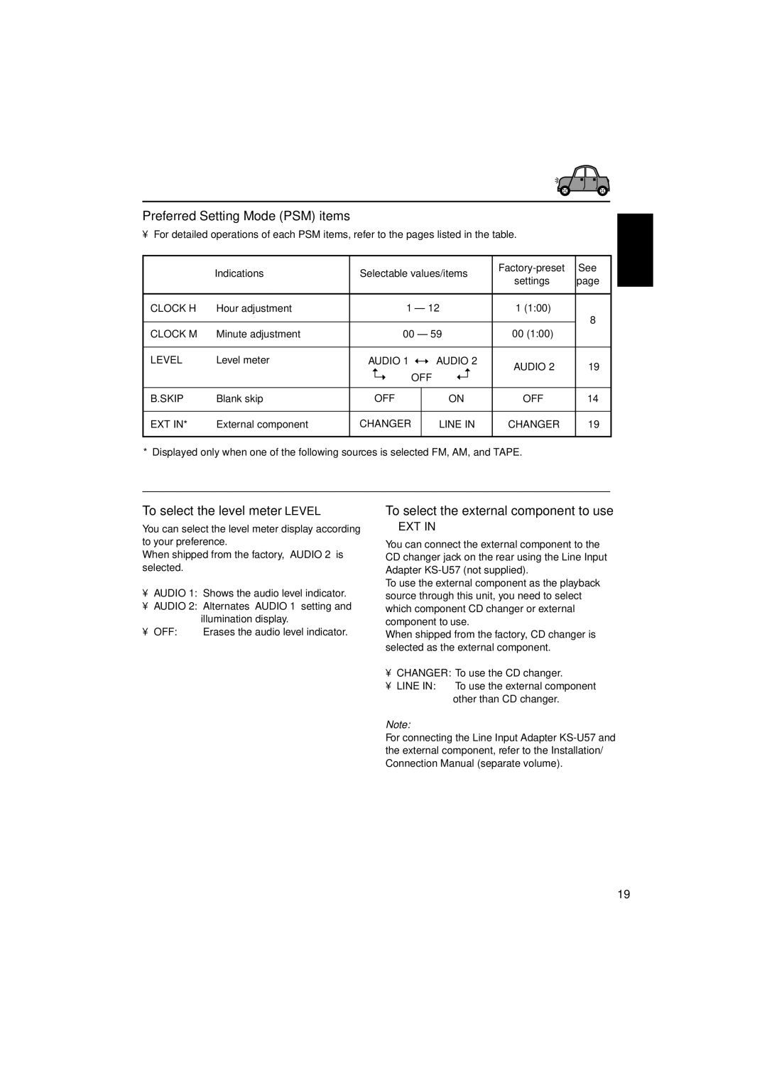 JVC KS-FX771 Preferred Setting Mode PSM items, To select the level meter-LEVEL, To select the external component to use 