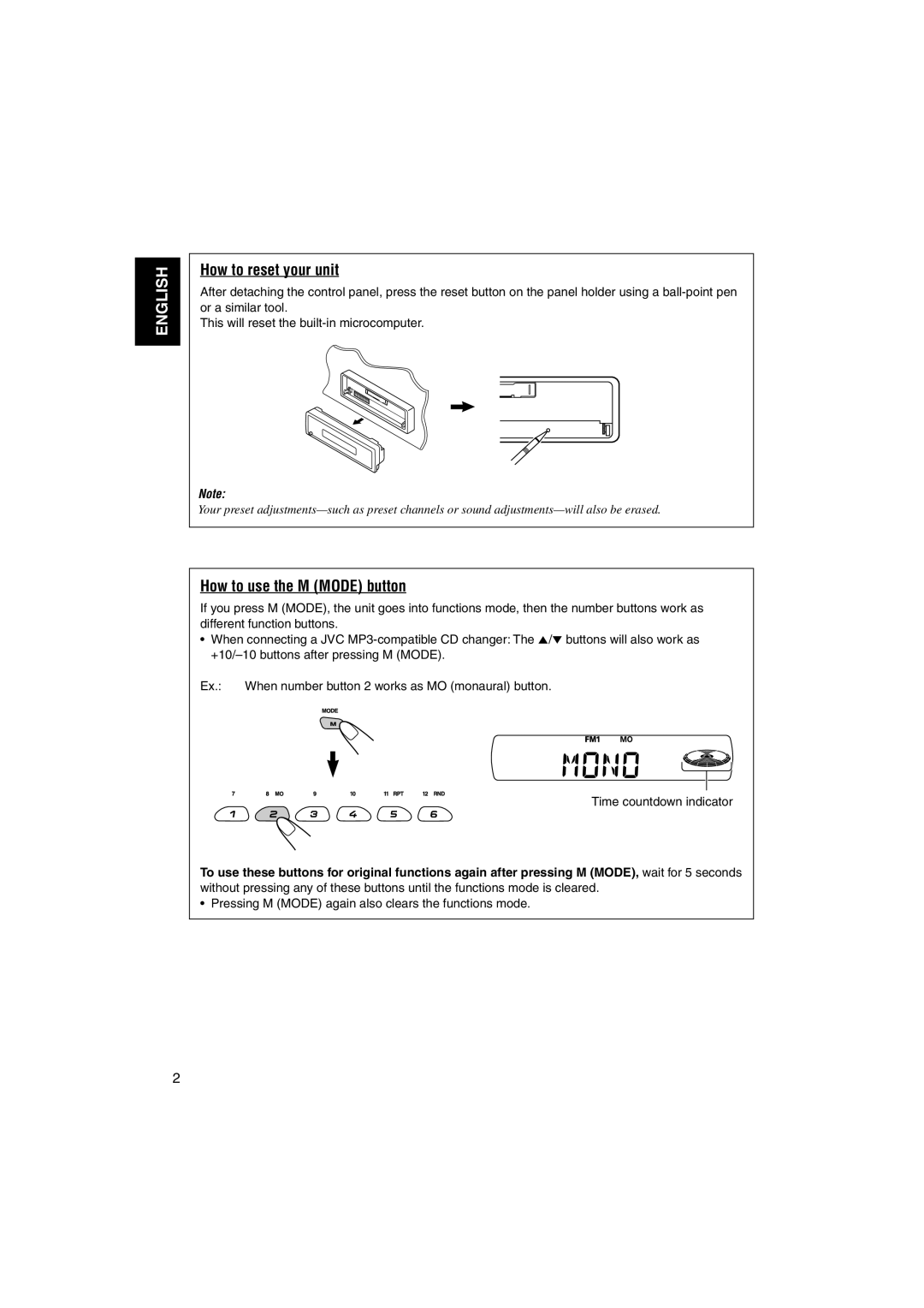 JVC GET0139-001A, KS-FX771 manual How to reset your unit, How to use the M Mode button 