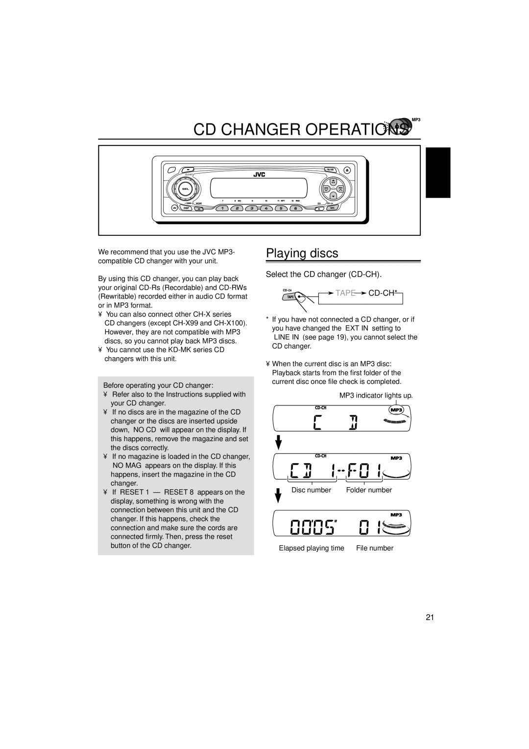 JVC KS-FX771, GET0139-001A manual CD Changer Operations, Playing discs, Select the CD changer CD-CH, Tape CD-CH 