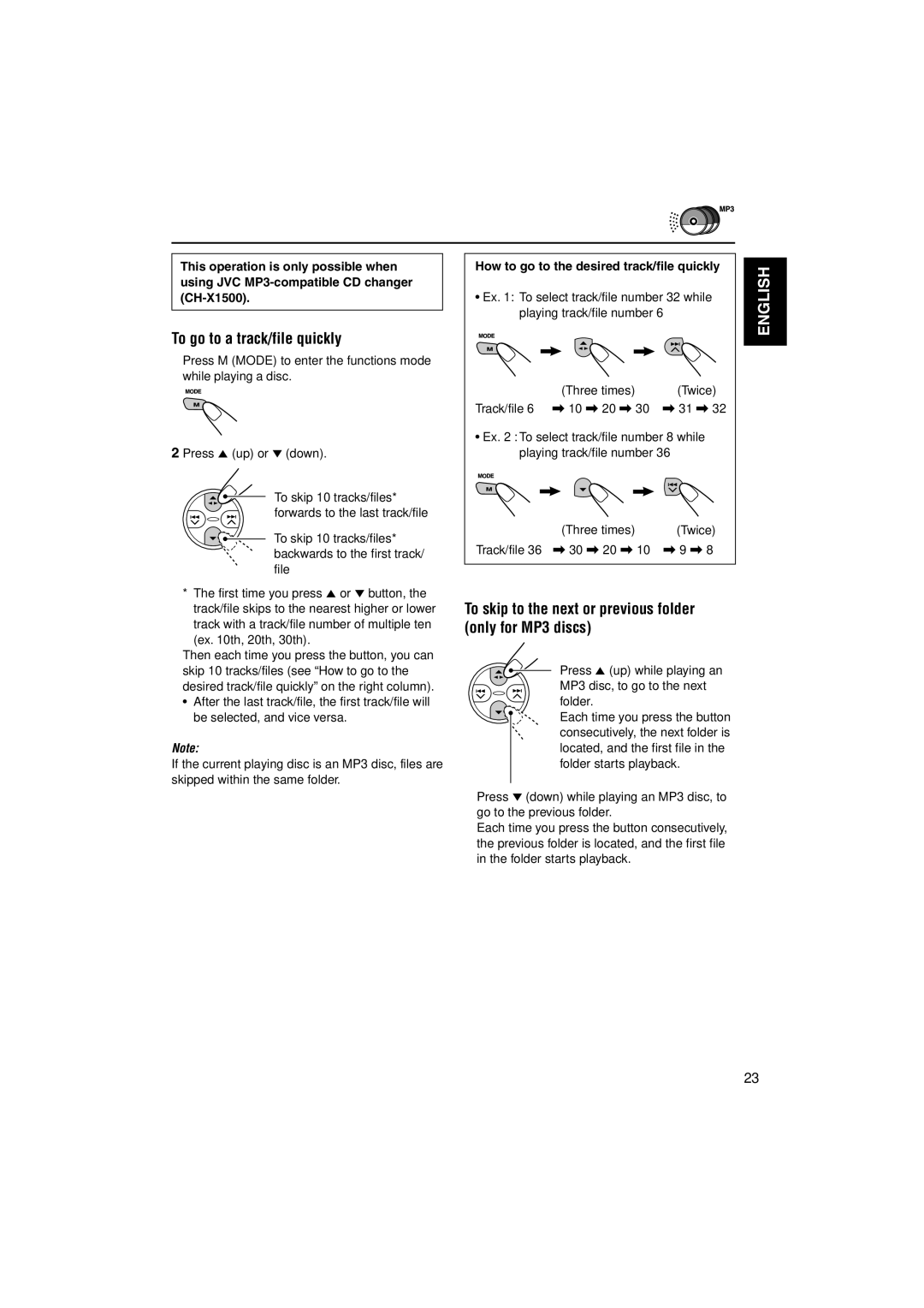 JVC KS-FX771 To go to a track/file quickly, To skip to the next or previous folder only for MP3 discs, Ex th, 20th, 30th 