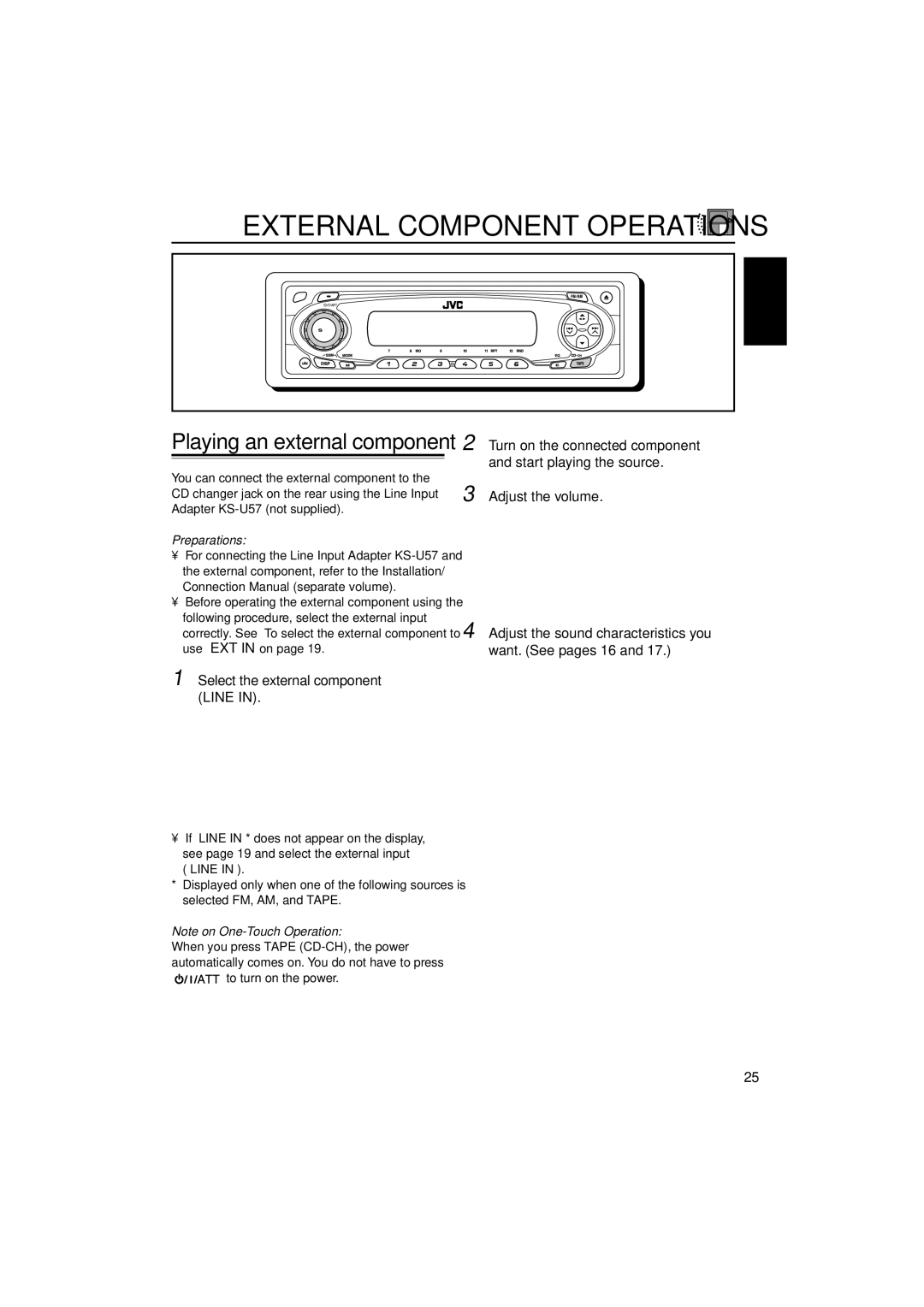 JVC KS-FX771, GET0139-001A manual External Component Operations, Select the external component Line, Tape Line 