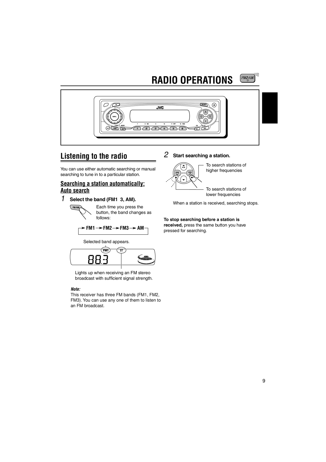 JVC KS-FX771, GET0139-001A manual Radio Operations, Listening to the radio, Searching a station automatically Auto search 